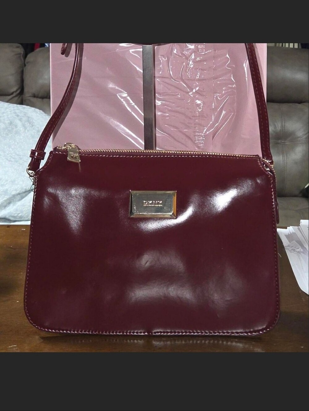 DKNY Burgundy Patent Crossbody with Gold Plaque